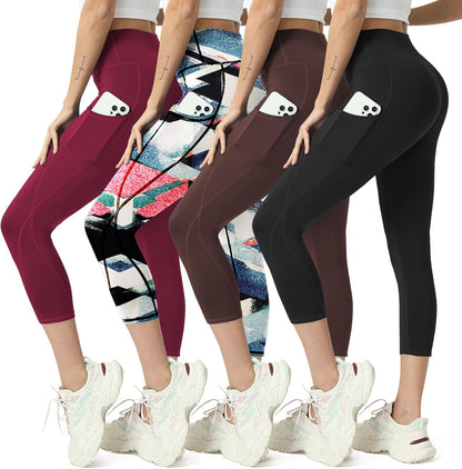 Capri Leggings for Women Yoga Pants Leggings with Pockets for Women | 4 Pack Capris for Women with Pockets Capri Pants, Summer Capri Pants for Women Plus Size Workout and Tummy Control Leggings
