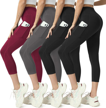Capri Leggings for Women Yoga Pants Leggings with Pockets for Women | 4 Pack Capris for Women with Pockets Capri Pants, Summer Capri Pants for Women Plus Size Workout and Tummy Control Leggings