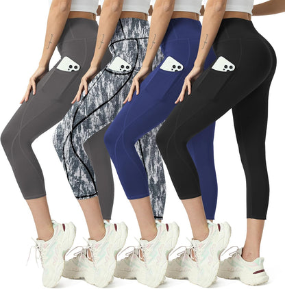 Capri Leggings for Women Yoga Pants Leggings with Pockets for Women | 4 Pack Capris for Women with Pockets Capri Pants, Summer Capri Pants for Women Plus Size Workout and Tummy Control Leggings