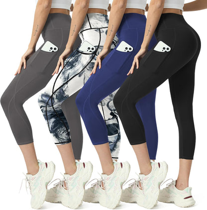 Capri Leggings for Women Yoga Pants Leggings with Pockets for Women | 4 Pack Capris for Women with Pockets Capri Pants, Summer Capri Pants for Women Plus Size Workout and Tummy Control Leggings