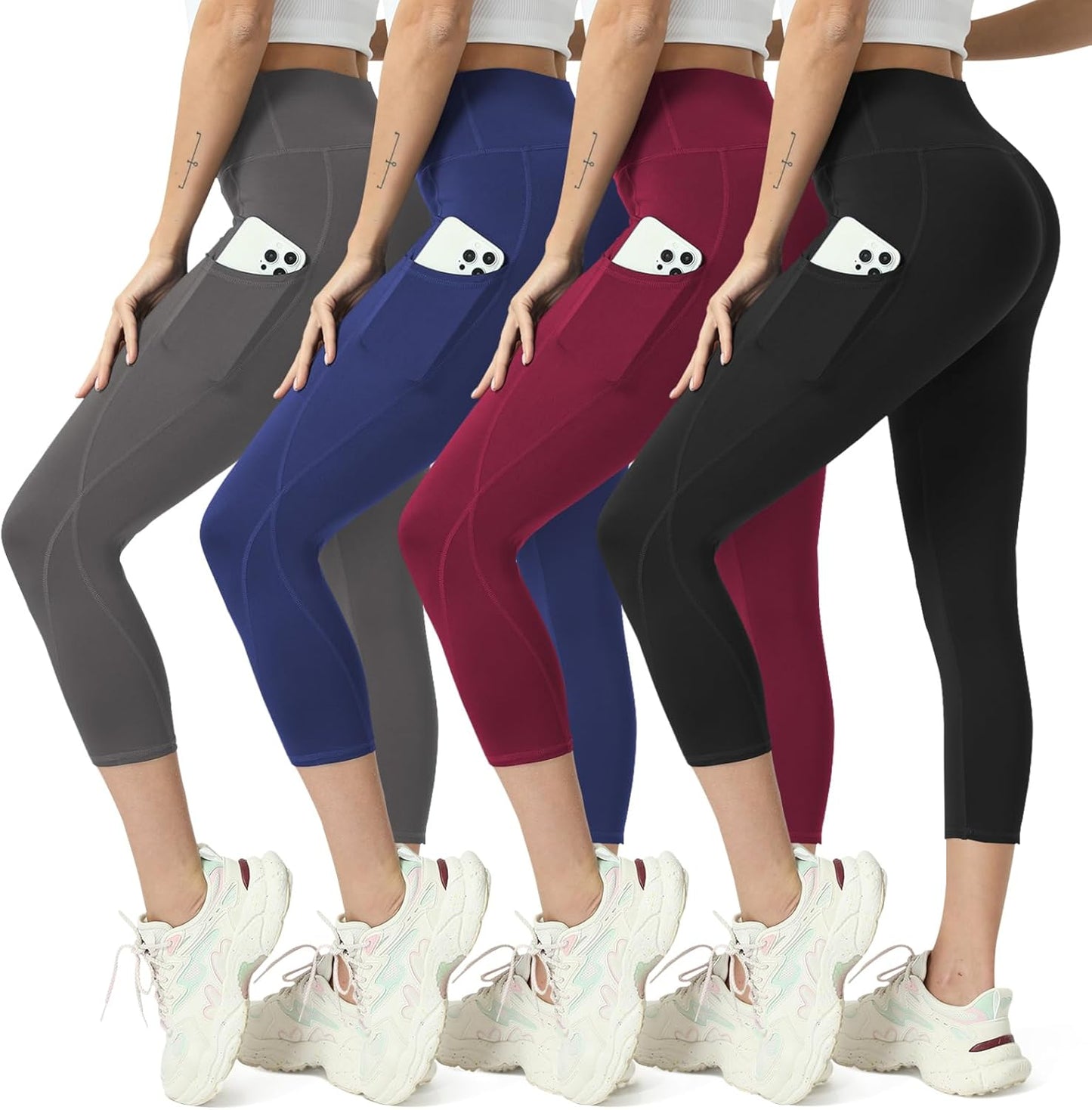 Capri Leggings for Women Yoga Pants Leggings with Pockets for Women | 4 Pack Capris for Women with Pockets Capri Pants, Summer Capri Pants for Women Plus Size Workout and Tummy Control Leggings