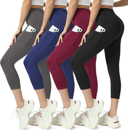 Capri Leggings for Women Yoga Pants Leggings with Pockets for Women | 4 Pack Capris for Women with Pockets Capri Pants, Summer Capri Pants for Women Plus Size Workout and Tummy Control Leggings