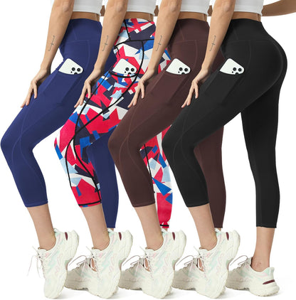 Capri Leggings for Women Yoga Pants Leggings with Pockets for Women | 4 Pack Capris for Women with Pockets Capri Pants, Summer Capri Pants for Women Plus Size Workout and Tummy Control Leggings