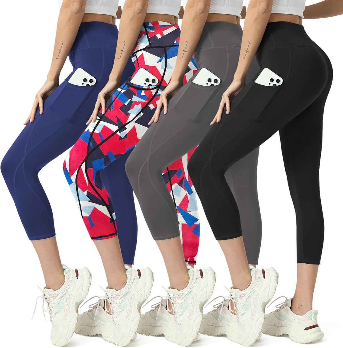 Capri Leggings for Women Yoga Pants Leggings with Pockets for Women | 4 Pack Capris for Women with Pockets Capri Pants, Summer Capri Pants for Women Plus Size Workout and Tummy Control Leggings