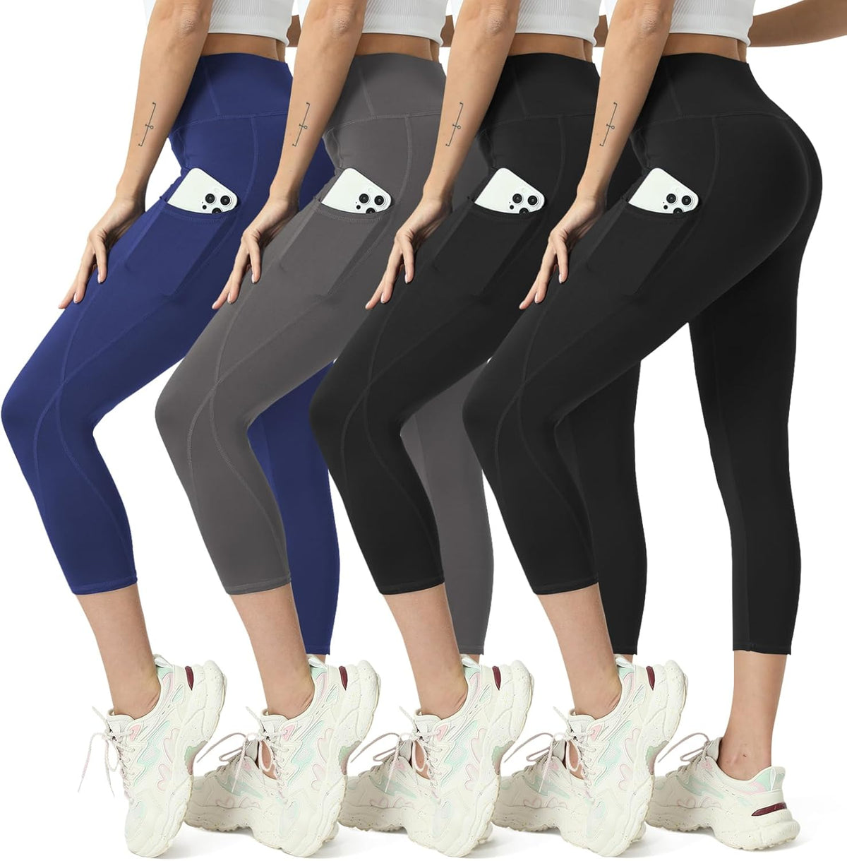 Capri Leggings for Women Yoga Pants Leggings with Pockets for Women | 4 Pack Capris for Women with Pockets Capri Pants, Summer Capri Pants for Women Plus Size Workout and Tummy Control Leggings