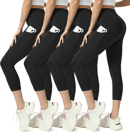 Capri Leggings for Women Yoga Pants Leggings with Pockets for Women | 4 Pack Capris for Women with Pockets Capri Pants, Summer Capri Pants for Women Plus Size Workout and Tummy Control Leggings