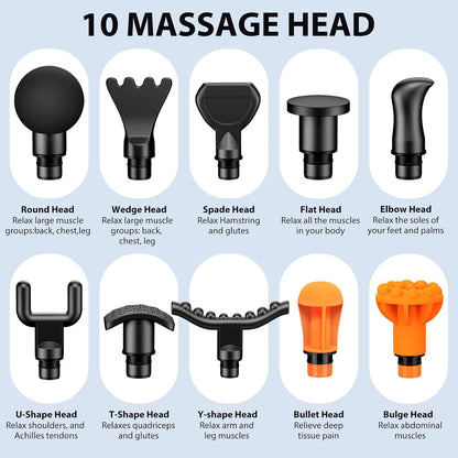 Massage Gun Deep Tissue, Percussion Massage Gun with 10 Replacement Heads, Super Quiet Portable Electric Massager for Athletes, Relax, Fathers Day Dad Gifts, Black
