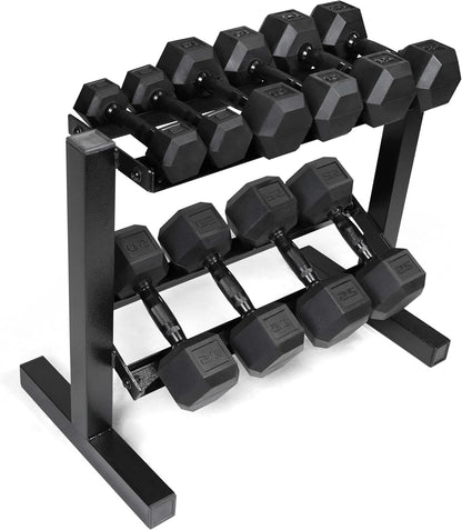 150 LB Dumbbell Set with 2-Tier Rack, Rubber Hex Free Weights Set, Home Gym Weight Set with Horizontal Storage Rack for Strength Training