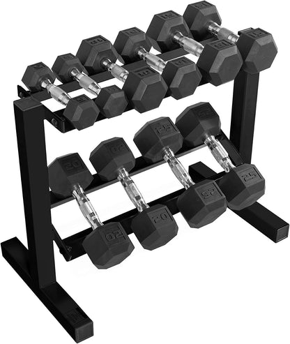 150 LB Dumbbell Set with 2-Tier Rack, Rubber Hex Free Weights Set, Home Gym Weight Set with Horizontal Storage Rack for Strength Training