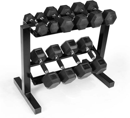 150 LB Dumbbell Set with 2-Tier Rack, Rubber Hex Free Weights Set, Home Gym Weight Set with Horizontal Storage Rack for Strength Training