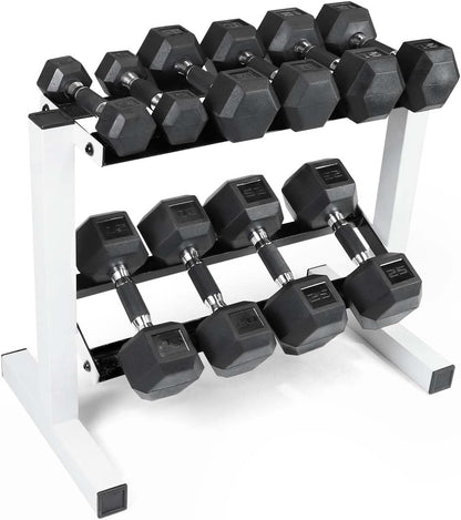 150 LB Dumbbell Set with 2-Tier Rack, Rubber Hex Free Weights Set, Home Gym Weight Set with Horizontal Storage Rack for Strength Training