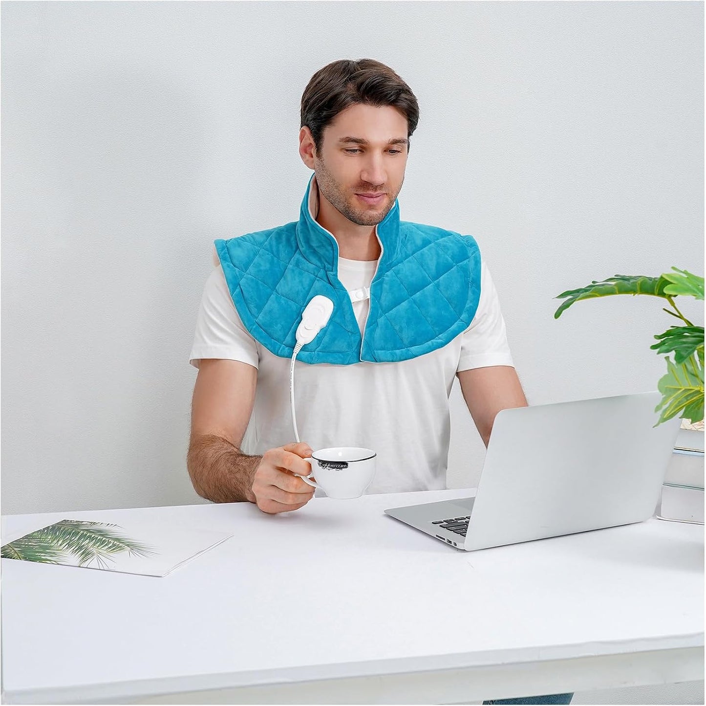 Electric Heating Pad for Neck and Shoulders, Shoulder Heating Pads, Weighted Neck Heating Pad for Pain Relief, 6 Heat Settings Far Infrared Heated Pad with Auto Off (Blue L)