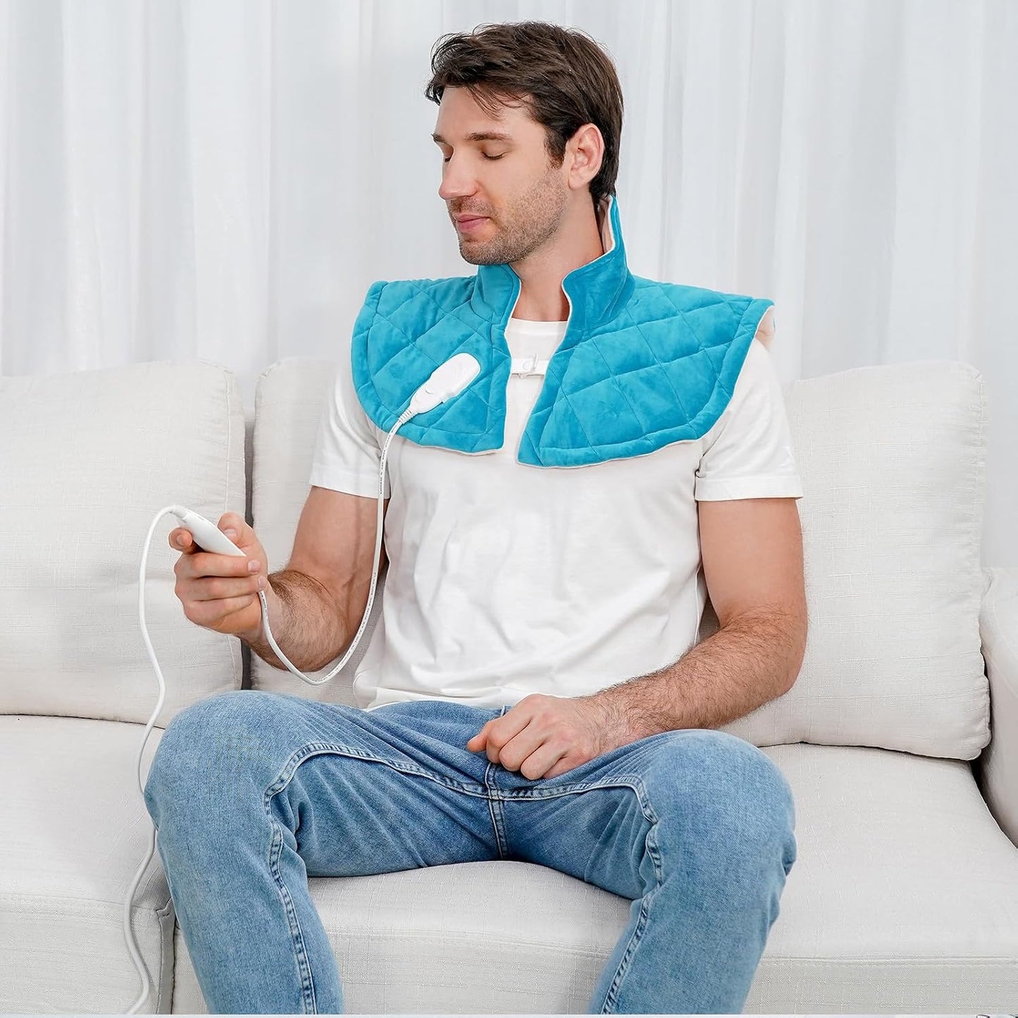 Electric Heating Pad for Neck and Shoulders, Shoulder Heating Pads, Weighted Neck Heating Pad for Pain Relief, 6 Heat Settings Far Infrared Heated Pad with Auto Off (Blue L)