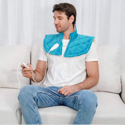Electric Heating Pad for Neck and Shoulders, Shoulder Heating Pads, Weighted Neck Heating Pad for Pain Relief, 6 Heat Settings Far Infrared Heated Pad with Auto Off (Blue L)