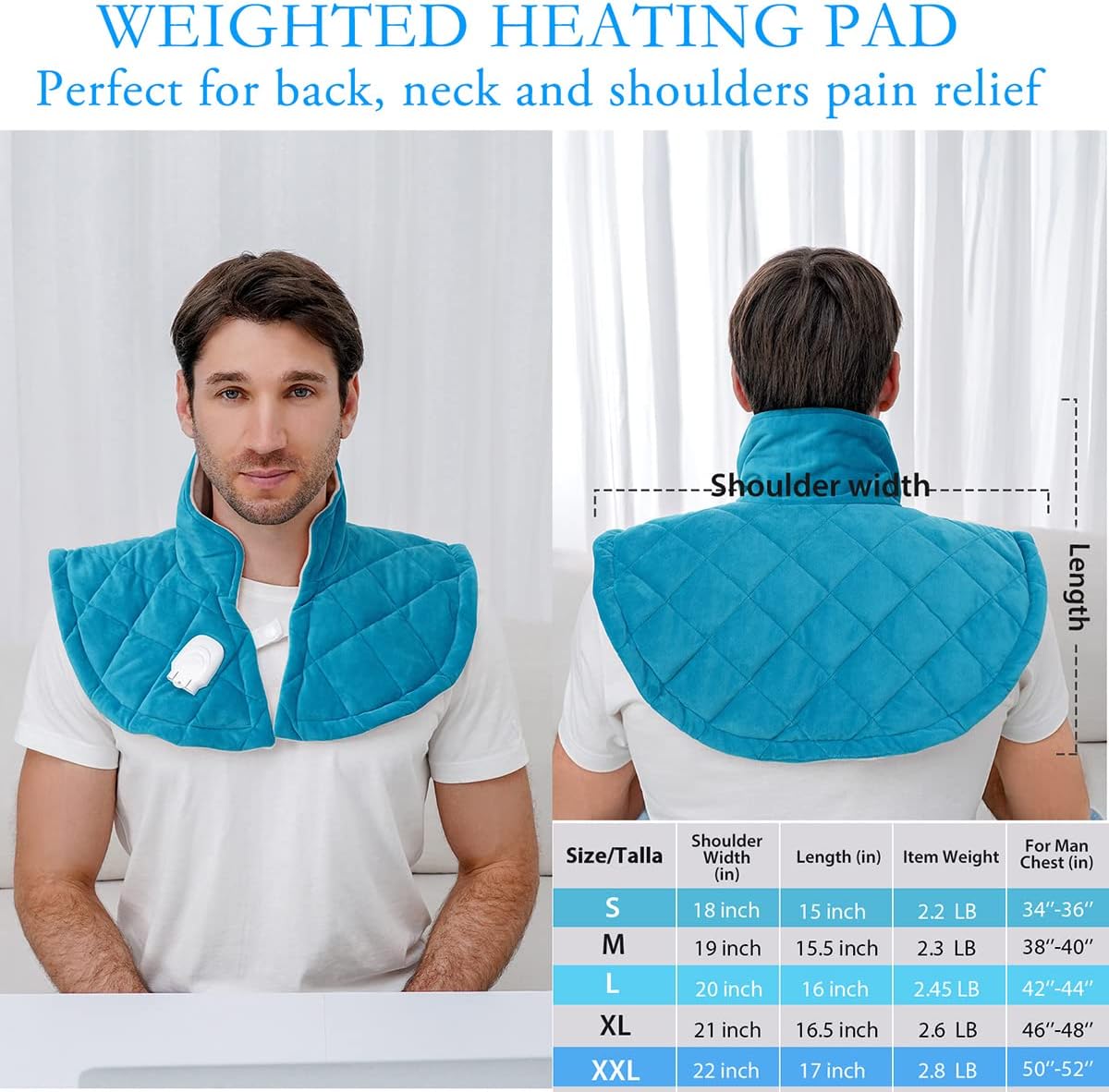 Electric Heating Pad for Neck and Shoulders, Shoulder Heating Pads, Weighted Neck Heating Pad for Pain Relief, 6 Heat Settings Far Infrared Heated Pad with Auto Off (Blue L)