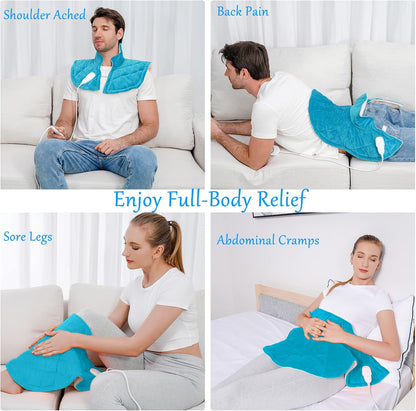 Electric Heating Pad for Neck and Shoulders, Shoulder Heating Pads, Weighted Neck Heating Pad for Pain Relief, 6 Heat Settings Far Infrared Heated Pad with Auto Off (Blue L)