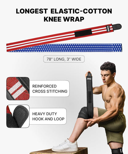 Knee Sleeves for Weightlifting (Pair) 78" Knee Wraps for Squats, Powerlifting & Joint Stability