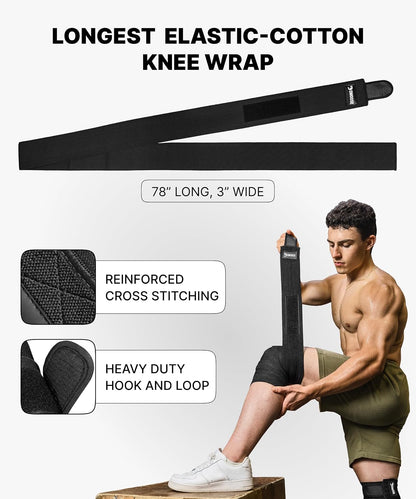 Knee Sleeves for Weightlifting (Pair) 78" Knee Wraps for Squats, Powerlifting & Joint Stability