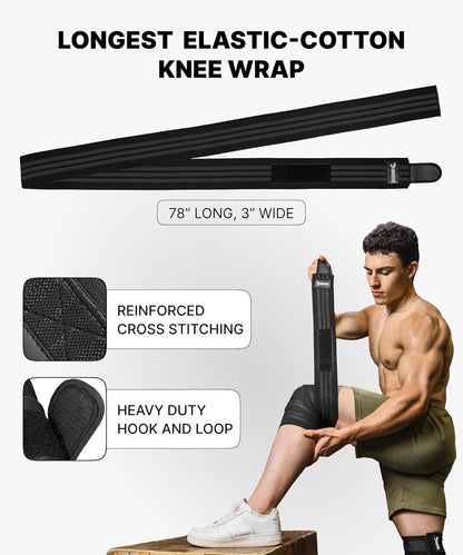Knee Sleeves for Weightlifting (Pair) 78" Knee Wraps for Squats, Powerlifting & Joint Stability