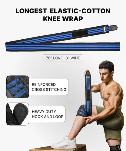 Knee Sleeves for Weightlifting (Pair) 78" Knee Wraps for Squats, Powerlifting & Joint Stability
