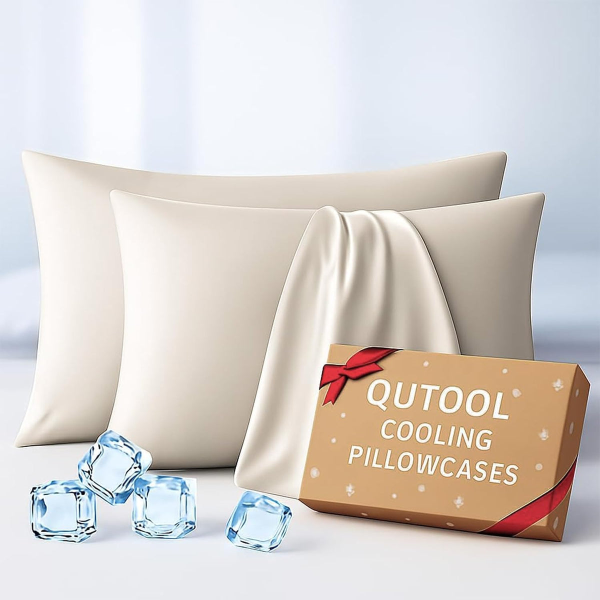 Luxury Cooling Pillowcases Queen Size 2 Pack, Q-Max>0.4 Cool Touch for Hot Sleepers&Night Sweats Beauty Sleep Anti-Frizz, Softer Than Silk Pillowcover Oeko-TEX Certified Champagne