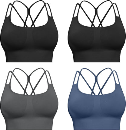 Sports Bras for Women, 4 Packs Padded High Support Workout Yoga Seamless Criss-Cross Racerback Bras