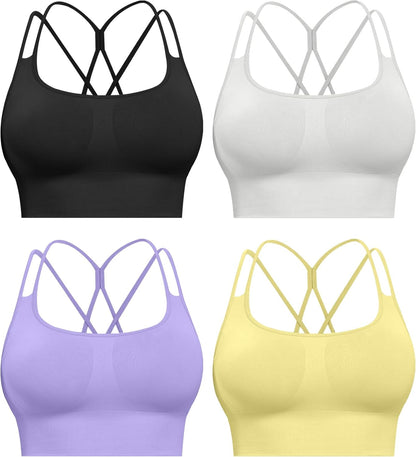 Sports Bras for Women, 4 Packs Padded High Support Workout Yoga Seamless Criss-Cross Racerback Bras