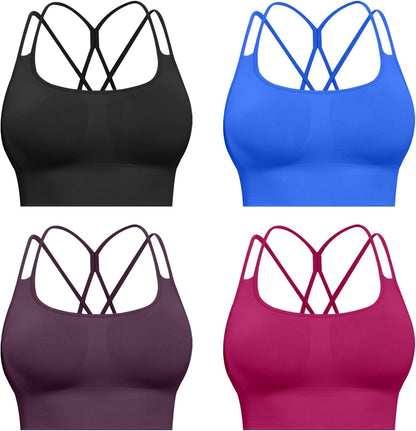 Sports Bras for Women, 4 Packs Padded High Support Workout Yoga Seamless Criss-Cross Racerback Bras