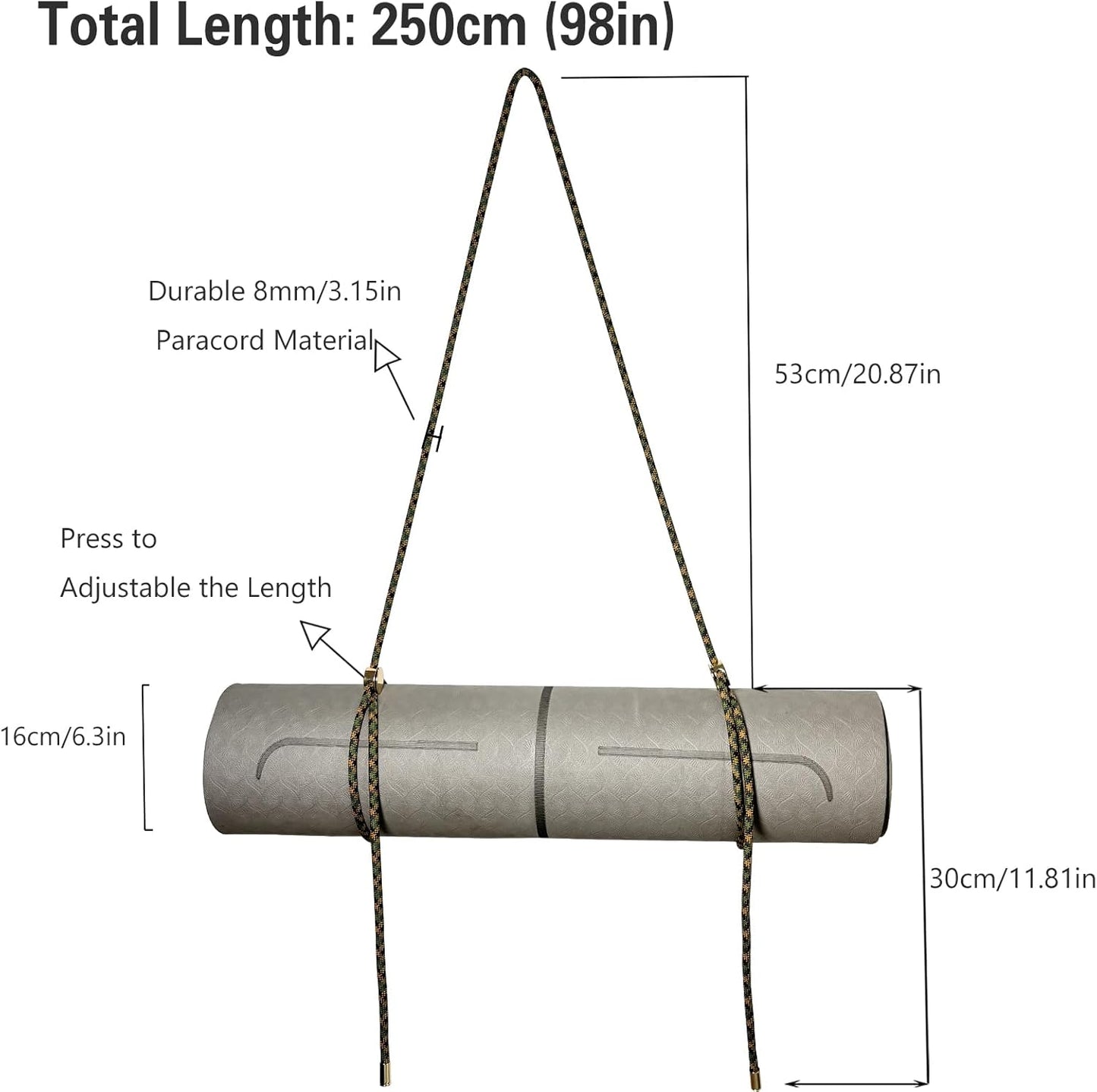 Yoga Mat Strap - 8MM Adjustable Paracord Carrier for Carrying Yoga Mats, Camping Pads & Blankets (Strap Only)