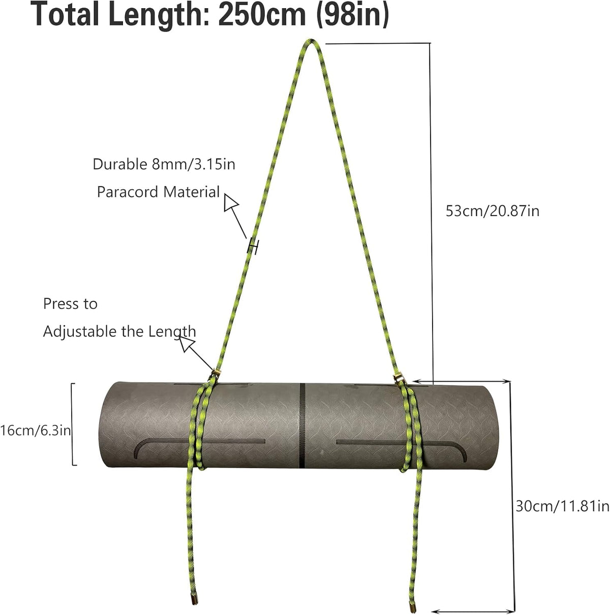 Yoga Mat Strap - 8MM Adjustable Paracord Carrier for Carrying Yoga Mats, Camping Pads & Blankets (Strap Only)
