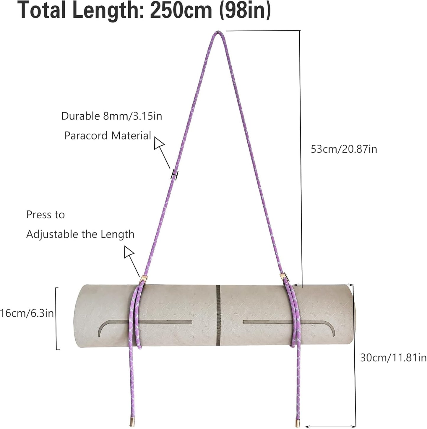 Yoga Mat Strap - 8MM Adjustable Paracord Carrier for Carrying Yoga Mats, Camping Pads & Blankets (Strap Only)