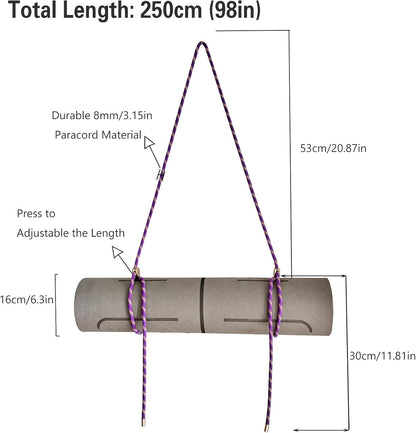 Yoga Mat Strap - 8MM Adjustable Paracord Carrier for Carrying Yoga Mats, Camping Pads & Blankets (Strap Only)