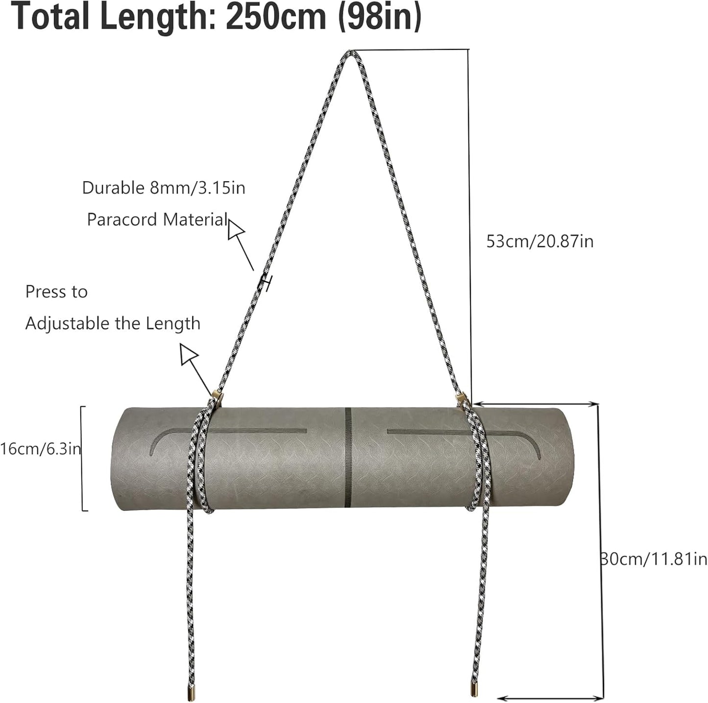 Yoga Mat Strap - 8MM Adjustable Paracord Carrier for Carrying Yoga Mats, Camping Pads & Blankets (Strap Only)