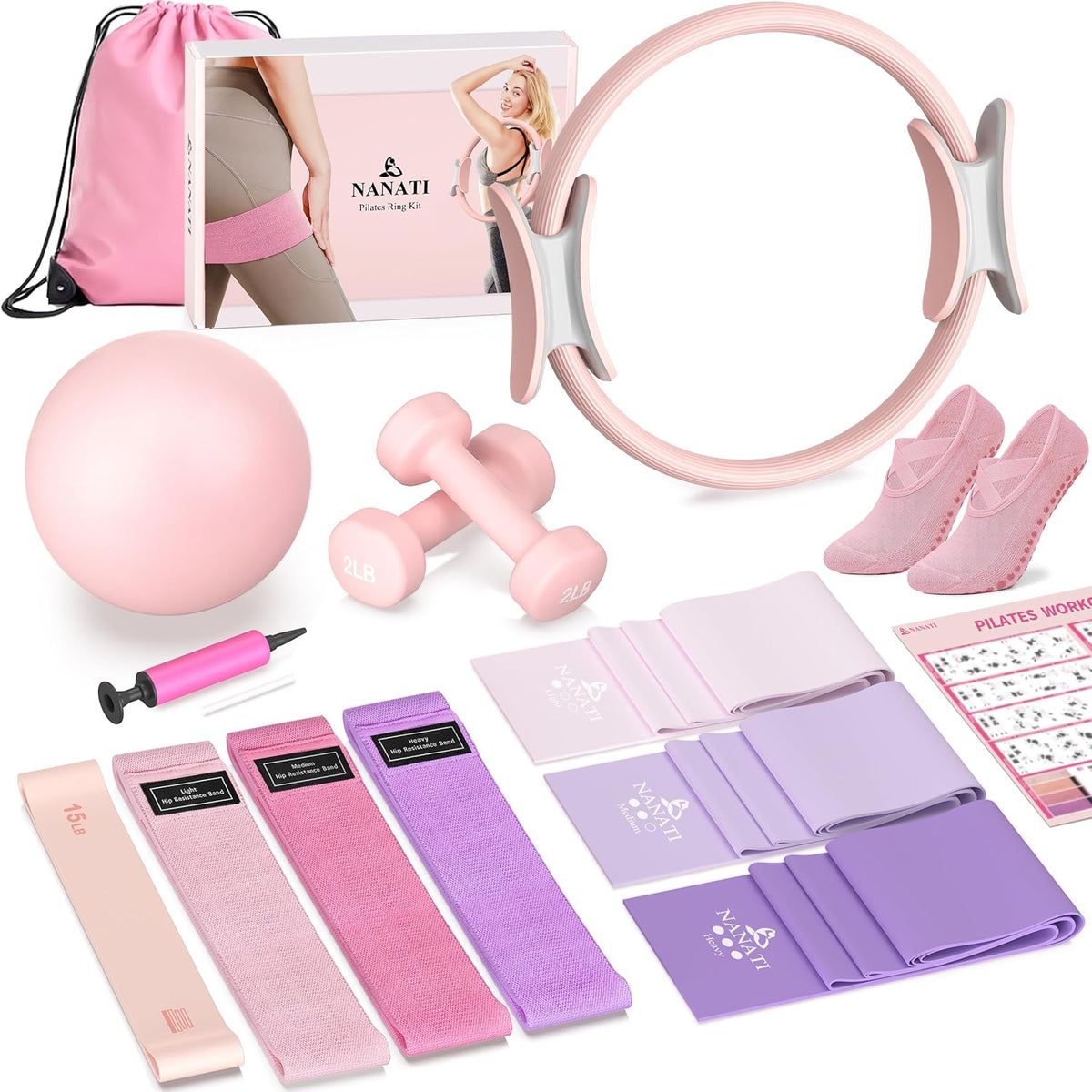 Pilates Kit, Home Pilates Workout Kit for Women, Pilates Equipment with 14.5" Pilates Ring and Ball, Resistance Bands, Dumbbells & Grip Socks for Home Workouts