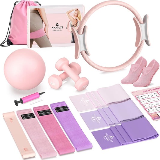 Pilates Kit, Home Pilates Workout Kit for Women, Pilates Equipment with 14.5" Pilates Ring and Ball, Resistance Bands, Dumbbells & Grip Socks for Home Workouts