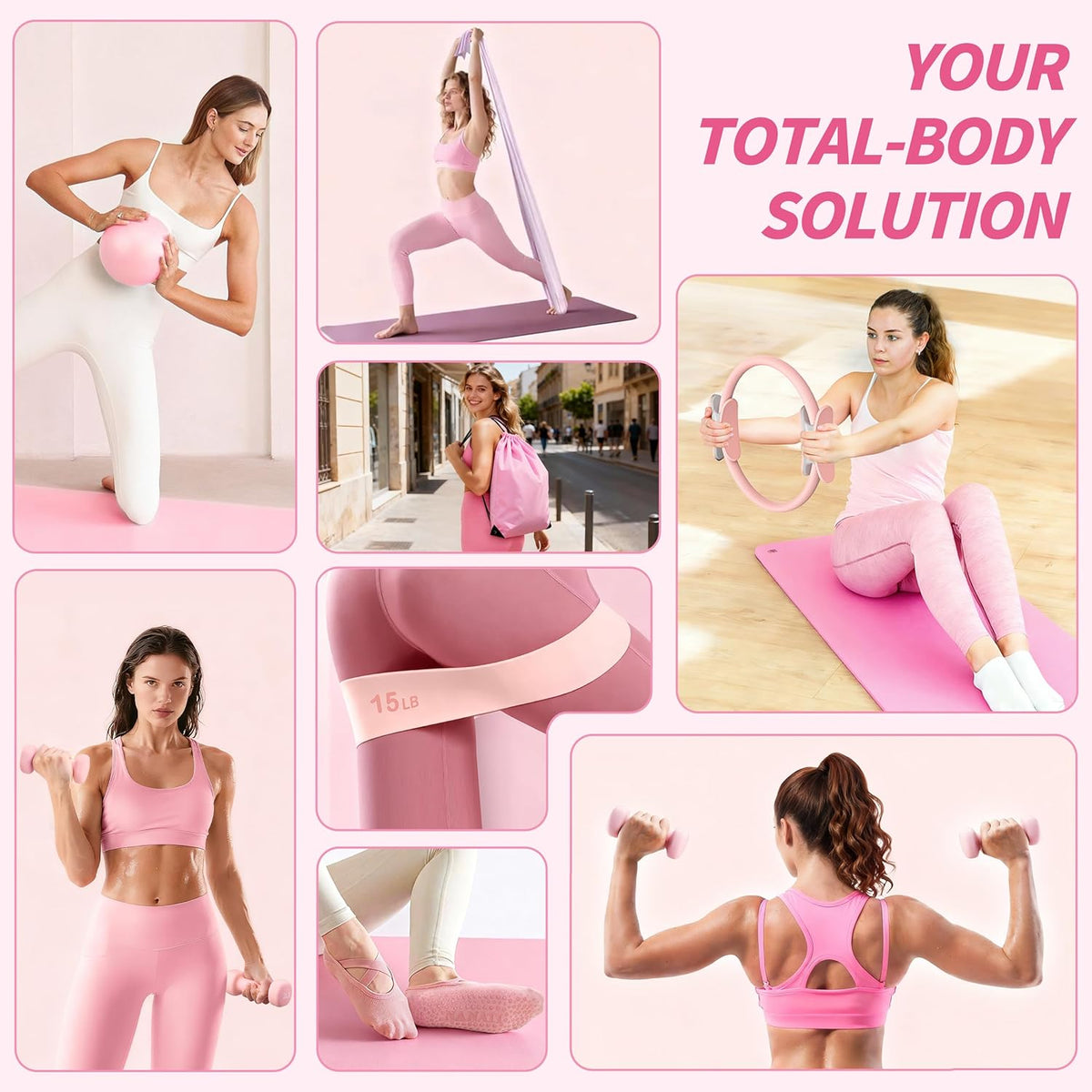 Pilates Kit, Home Pilates Workout Kit for Women, Pilates Equipment with 14.5" Pilates Ring and Ball, Resistance Bands, Dumbbells & Grip Socks for Home Workouts