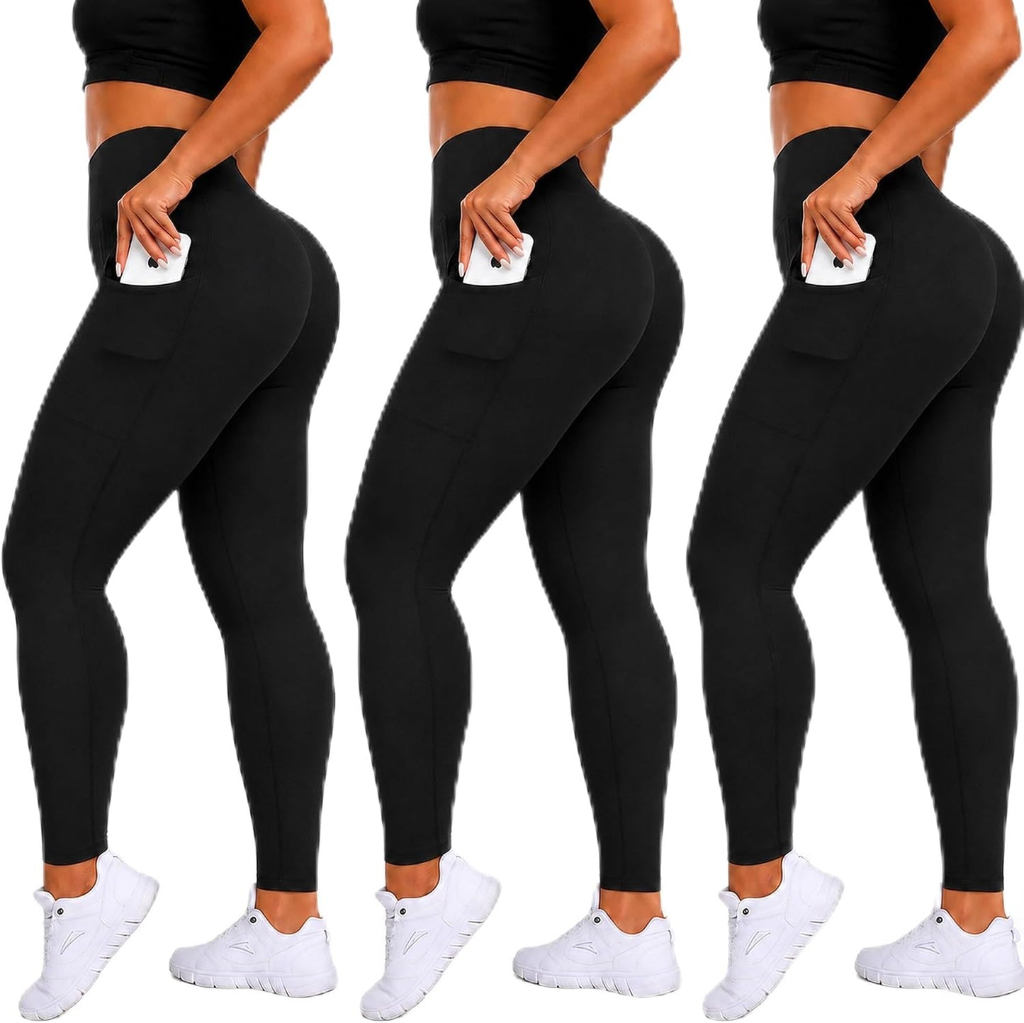 3 Pack Plus Size Leggings with Pockets for Women - Black High Waisted Tummy Control Soft Yoga Pants for Gym Workout
