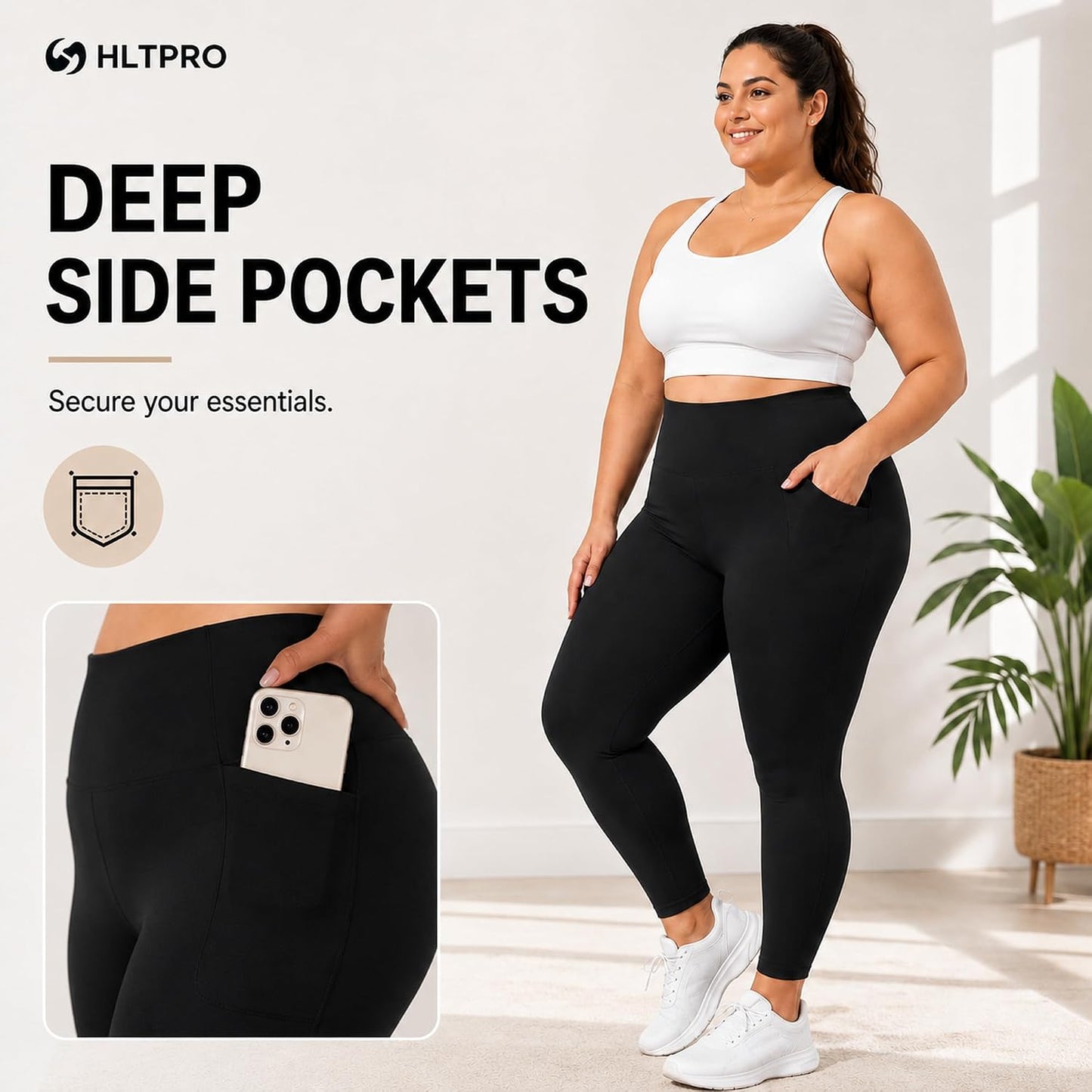 3 Pack Plus Size Leggings with Pockets for Women - Black High Waisted Tummy Control Soft Yoga Pants for Gym Workout