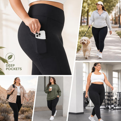 3 Pack Plus Size Leggings with Pockets for Women - Black High Waisted Tummy Control Soft Yoga Pants for Gym Workout