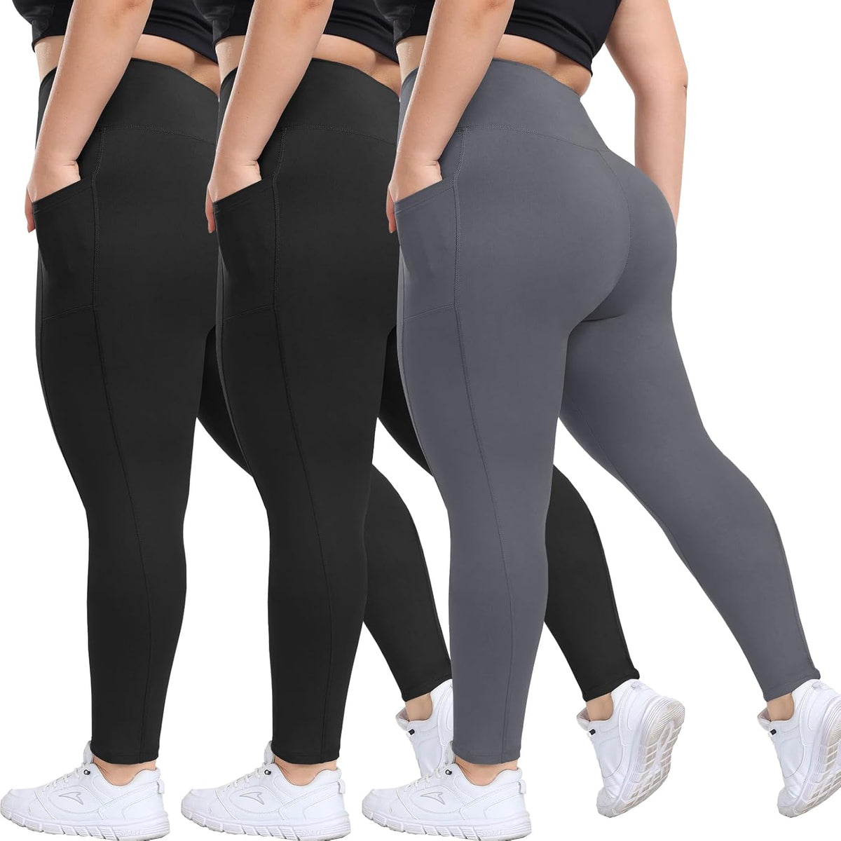 3 Pack Plus Size Leggings with Pockets for Women - Black High Waisted Tummy Control Soft Yoga Pants for Gym Workout