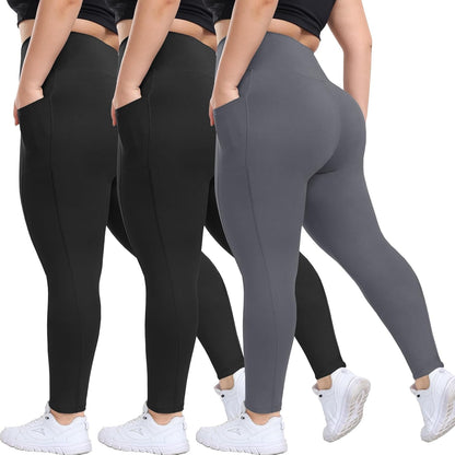 3 Pack Plus Size Leggings with Pockets for Women - Black High Waisted Tummy Control Soft Yoga Pants for Gym Workout