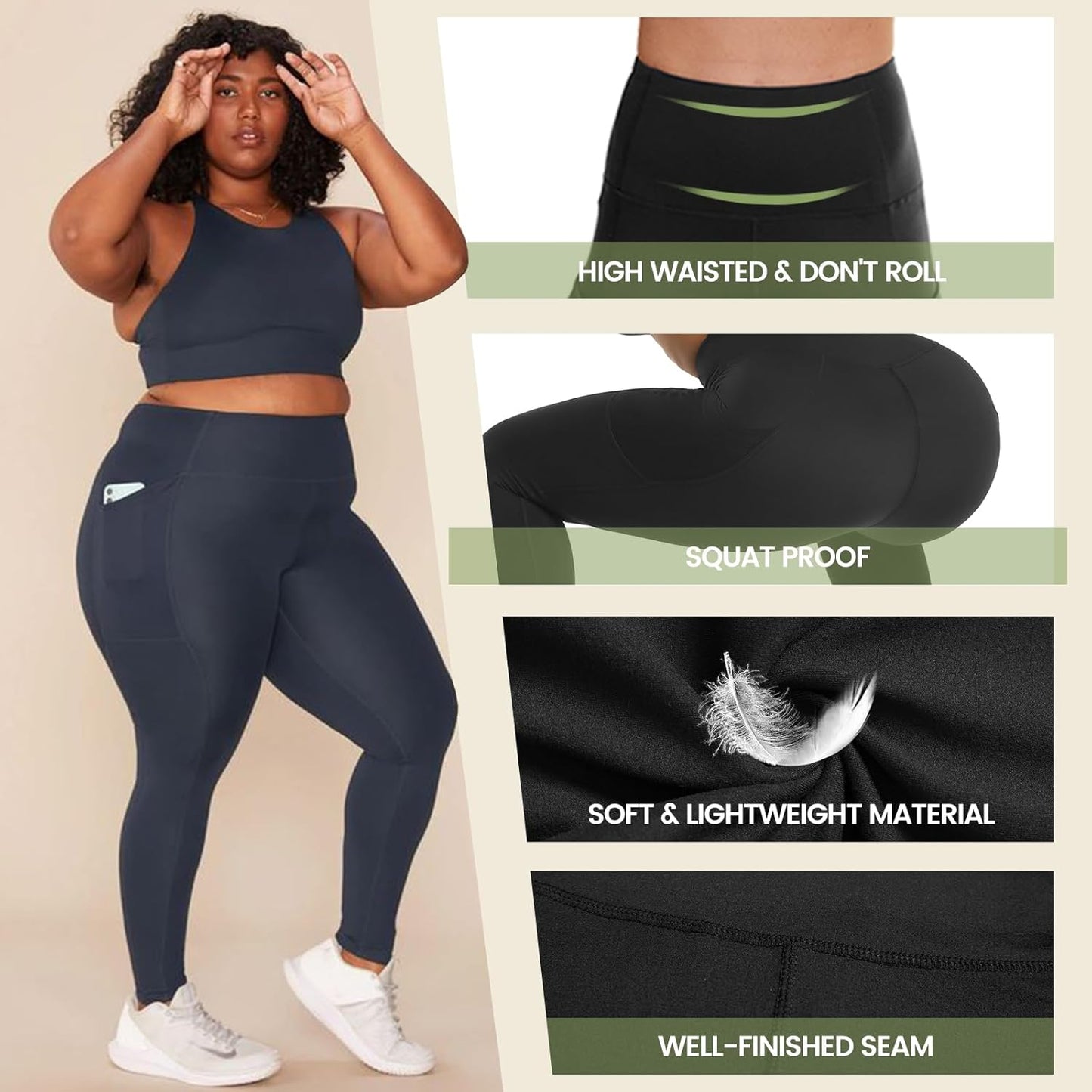3 Pack Plus Size Leggings with Pockets for Women - Black High Waisted Tummy Control Soft Yoga Pants for Gym Workout