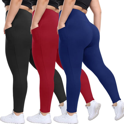 3 Pack Plus Size Leggings with Pockets for Women - Black High Waisted Tummy Control Soft Yoga Pants for Gym Workout