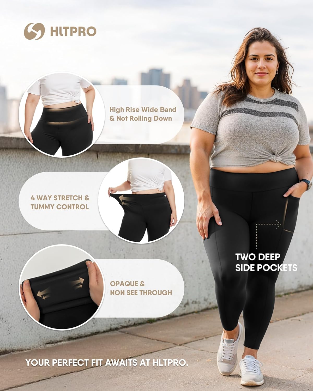 3 Pack Plus Size Leggings with Pockets for Women - Black High Waisted Tummy Control Soft Yoga Pants for Gym Workout