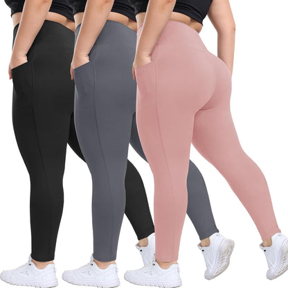 3 Pack Plus Size Leggings with Pockets for Women - Black High Waisted Tummy Control Soft Yoga Pants for Gym Workout
