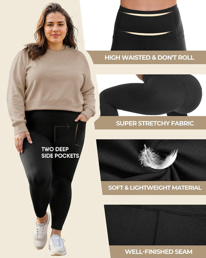 3 Pack Plus Size Leggings with Pockets for Women - Black High Waisted Tummy Control Soft Yoga Pants for Gym Workout