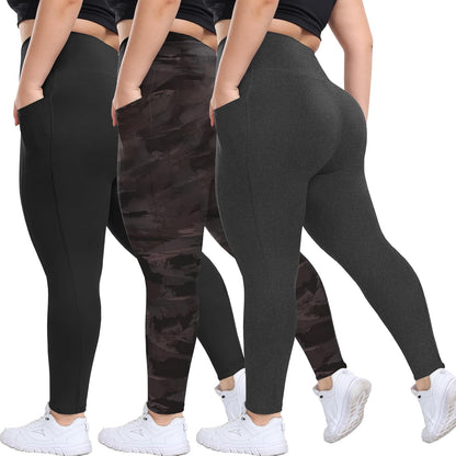 3 Pack Plus Size Leggings with Pockets for Women - Black High Waisted Tummy Control Soft Yoga Pants for Gym Workout