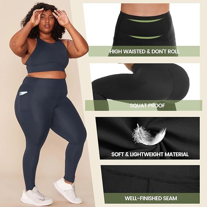 3 Pack Plus Size Leggings with Pockets for Women - Black High Waisted Tummy Control Soft Yoga Pants for Gym Workout
