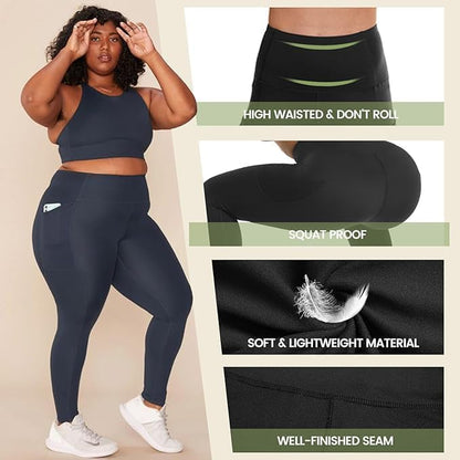 3 Pack Plus Size Leggings with Pockets for Women - Black High Waisted Tummy Control Soft Yoga Pants for Gym Workout
