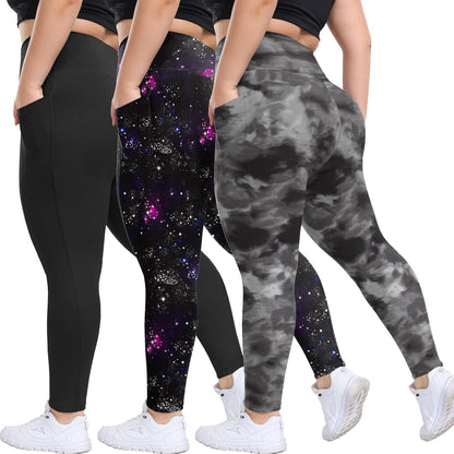 3 Pack Plus Size Leggings with Pockets for Women - Black High Waisted Tummy Control Soft Yoga Pants for Gym Workout